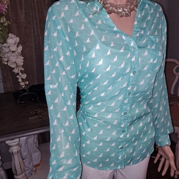 White Cat 🐱 Print Teal Blouse - Picture 4 of 7